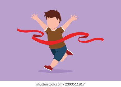 Character flat drawing adorable little boy run in race and win first place. Happy little kid running to finish line first, children physical activity at playground. Cartoon design vector illustration