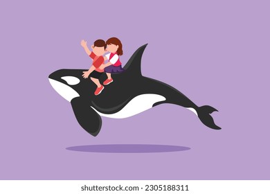 Character flat drawing adorable little boy and girl riding orca together. Bravery kids sitting on back whale killer in swimming pool. Whale killer or orca in water. Cartoon design vector illustration