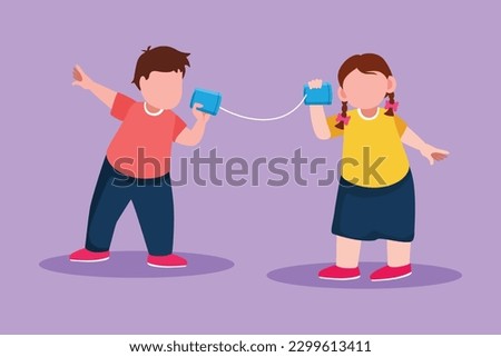 Character flat drawing adorable little boy and girl play toy phone. Two friends playing in phone with self made speech transmitting device, kids have fun speaking. Cartoon design vector illustration