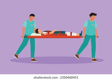 Character flat drawing ambulance emergency medical service. Medic staff carrying male patient in stretcher. Emergency doctor carrying man on stretcher to hospital. Cartoon design vector illustration