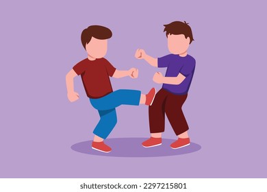 Character flat drawing angry preschool little boys fighting each other kicking legs. Aggressive bully kids fight. Bullying children. Childhood aggression violence. Cartoon design vector illustration