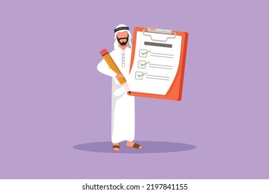 Character flat drawing Arab businessman standing and holding clipboard with checklist. Business success completed plan. Goal achievements planning schedule concept. Cartoon design vector illustration - Powered by Shutterstock - Get 15% off with code: PIKWIZARD15