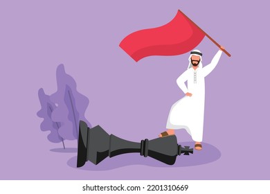 Character flat drawing Arab businessman holding flag, defeat competitor business as winning chess game. Company strategy success using powerful move for advantage. Cartoon design vector illustration