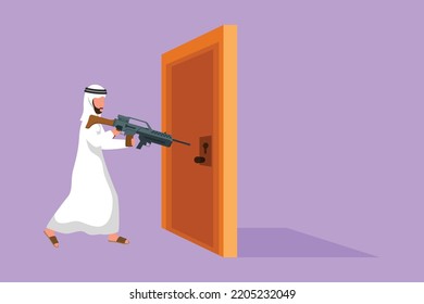 Character Flat Drawing Arab Businessman Pointing Shotgun At Doorknob. Business Breakthrough Struggle. The Power To Succeed Or Winning Competition. Open Closed Door. Cartoon Design Vector Illustration