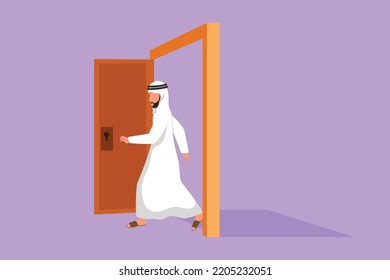 Character flat drawing Arab businessman walking through an open door frame. New business ventures challenge. Entering new market competition. Career growth concept. Cartoon design vector illustration