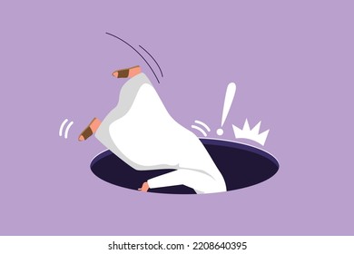 Character flat drawing Arab businessman falling into pit hole. Legs up. Logo protruding legs from hatch, puddles. Business failure metaphor. Defeated worker concept. Cartoon design vector illustration