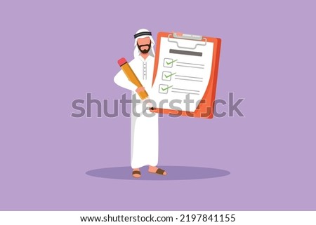 Character flat drawing Arab businessman standing and holding clipboard with checklist. Business success completed plan. Goal achievements planning schedule concept. Cartoon design vector illustration