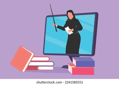 Character flat drawing Arab female teacher teaching, half of her body is out of computer monitor screen with pile of book. internet class. Online learning concept. Cartoon design vector illustration