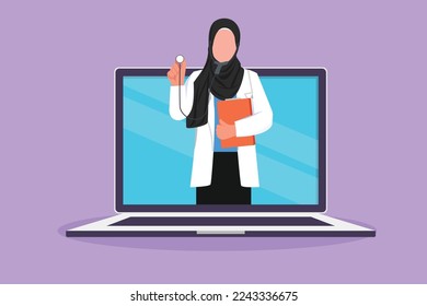 Character flat drawing Arab female doctor comes out of laptop computer screen holding stethoscope. Online medical services. Digital healthcare consultation concept. Cartoon design vector illustration
