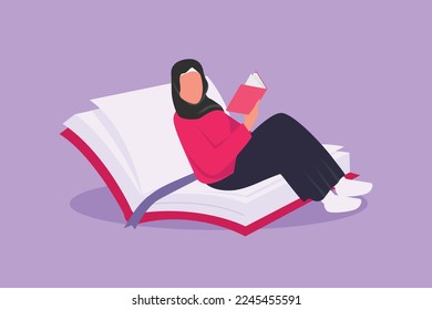 Character flat drawing Arab female reading, learning and sitting on open big book. Smart student studying in library. Literature fans, booklover, education concept. Cartoon design vector illustration