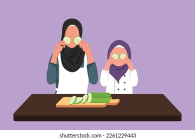 Character flat drawing Arab little girl and her beautiful mom are holding slices of cucumber and smiling while cooking in kitchen at home. Happy mother and daughter. Cartoon design vector illustration