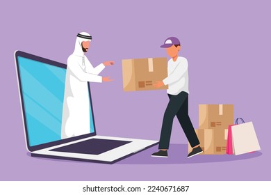Carácter plano del cliente árabe masculino recibe el paquete en caja, a través de la pantalla de computadora portátil del mensajero masculino. Servicio de entrega en línea. Tecnología de tiendas en línea. Ilustración vectorial de diseño de dibujos animados