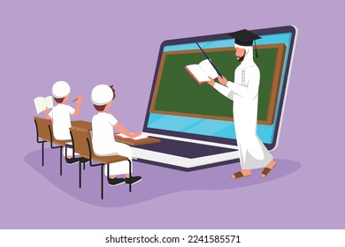 Character flat drawing Arab male teacher standing in front of laptop computer screen holding book and teaching junior high school student sitting on chair near desk. Cartoon design vector illustration