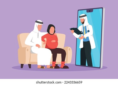 Character flat drawing Arab male doctor comes out from smartphone screen facing and gives consultation to couple patient with pregnant wife. Online digital medical. Cartoon design vector illustration