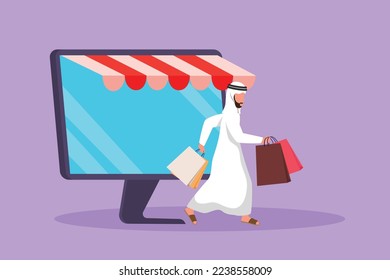 Carácter plano dibujando árabe hombre caminando y saliendo de la pantalla de monitor sosteniendo bolsa de compras. Venta, estilo de vida digital, concepto de consumismo. Tecnología de tiendas en línea. Ilustración vectorial de diseño de dibujos animados