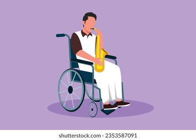 El hombre árabe que dibuja caracter en silla de ruedas juega al saxofón. Paciente discapacitado, interpretación de música clásica. Discapacitado físicamente. Centro de rehabilitación. Ilustración vectorial de diseño de dibujos animados