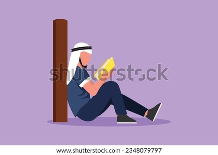 Character flat drawing Arab man sit on the floor, reclined on wall of library, read book. Guy studying and reading textbooks. Reader sitting on floor and learning. Cartoon design vector illustration