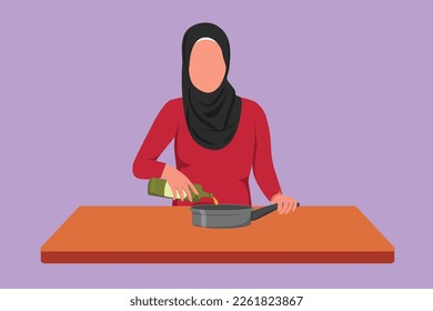 Character flat drawing Arab wife pouring cooking oil from bottle into frying pan on stove. Prepare food for dinner at cozy kitchen. Woman love cooking meal at home. Cartoon design vector illustration