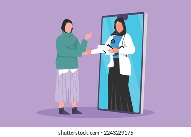Character flat drawing Arab woman patient shaking hand with beauty female doctor coming out of smartphone and holding clipboard. Online medical consultation concept. Cartoon design vector illustration