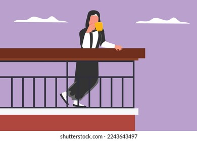 Character flat drawing Arab woman stands on balcony and drink coffee. Stay home in quarantine during coronavirus. Stay home, stay safe. People keep their distance. Cartoon design vector illustration