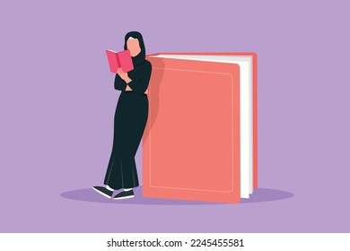 Charaktere flach zeichnen arabische Frau lesen und stehen auf großen Buch. Kleine Schülerinnen lernen und lernen in der Bibliothek. Bildungs- und Denkansatz. Cartoon-Design, Vektorgrafik