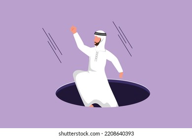 Character flat drawing Arabian businessman fell into manhole underground sewer. Manager fell sewer hatch. Depressed and business failure. Defeated worker metaphor. Cartoon design vector illustration