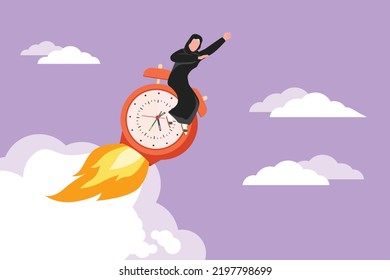 Character flat drawing Arabian businesswoman riding alarm clock rocket ship with fire, clouds. Time, watch, limited offer, deadline. Time to work. Countdown shuttle. Cartoon design vector illustration