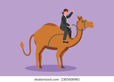 Character flat drawing Arabian businesswoman riding camel. Investment, bullish stock market trading, rising bonds trend metaphor. Successful business woman trader. Cartoon design vector illustration