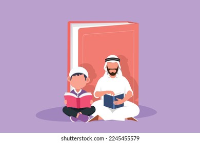 Character flat drawing Arabian father and son reading and leaning on big book. Dad and little boy are sitting on floor. Smart friendly family reads books together. Cartoon design vector illustration
