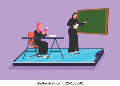 Character flat drawing Arabian female teacher teaching cute little girl junior high school student who sitting on chair near desk and studies on smartphone screen. Cartoon design vector illustration