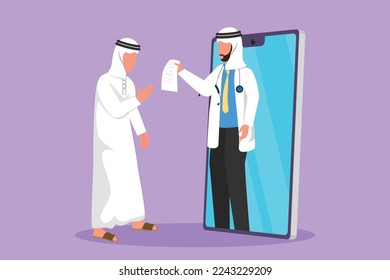 Charaktere flach zeichnen arabischen Mann Patient erhalten Rezept von männlichen Arzt aus Smartphone Bildschirm kommen. Online-Konsultationskonzept für die medizinische Versorgung Cartoon-Design, Vektorgrafik