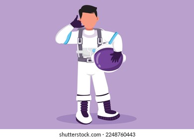 Character flat drawing astronaut standing with call me gesture wearing spacesuit exploring earth, moon, other planets in universe. Spaceman start space expedition. Cartoon design vector illustration