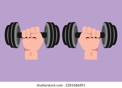 Carácter plano del brazo deportista atlético de dibujo sosteniendo doblez. Entrenamiento de fitness. Barbell y puño de mano fuerte. Levantamiento de energía. Plantilla para icono deportivo, símbolo, etiqueta. Ilustración vectorial de diseño de dibujos animados