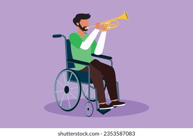 Character flat drawing attractive Arab man in wheelchair playing trumpet during music lesson. Physically disabled. Person in hospital. Rehabilitation center patient. Cartoon design vector illustration