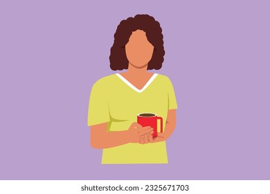 Character flat drawing attractive business woman in her office holding mug of coffee. Beautiful female holding coffee mug enjoying work from home office logo, icon. Cartoon design vector illustration