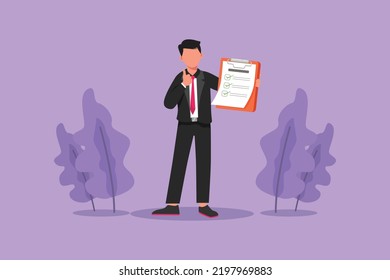 Character flat drawing attractive businessman in formal suit holding clipboard and making or showing thumb up gesture or sign. Happy person keeping file pad in hand. Cartoon design vector illustration