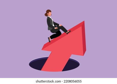 Character flat drawing attractive businesswoman standing on big arrows coming out of hole. Manager leading financial graph rising from hole. Business growth concept. Cartoon design vector illustration