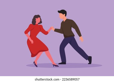 Character flat drawing attractive man and woman performing dance at school, studio, party. Young male and female characters dancing tango at Milonga. Couple dancing. Cartoon design vector illustration