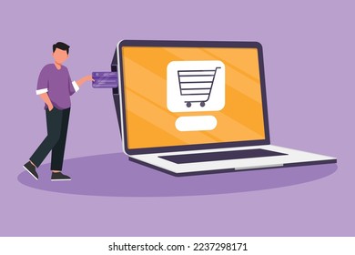 Character flat drawing attractive man inserting credit card into large laptop screen with shopping cart inside. E-commerce, digital payment and online store concept. Cartoon design vector illustration