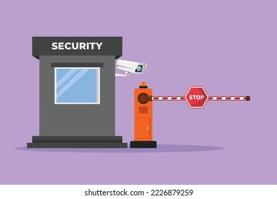 Character flat drawing automatic striped barrier gate with guard posts and CCTV monitor, guarding the entrance to the most important offices in the nation's capital. Cartoon design vector illustration