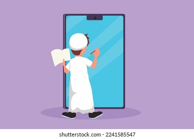 Character flat drawing back view of Arab pre schooler boy student writing on giant smartphone screen like he was writing on whiteboard. Little kid learning metaphor. Cartoon design vector illustration