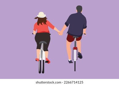 Character flat drawing back view of romantic cycling couple holding hands in afternoon. Togetherness husband and wife after wedding. Happy man and woman ride bike. Cartoon design vector illustration