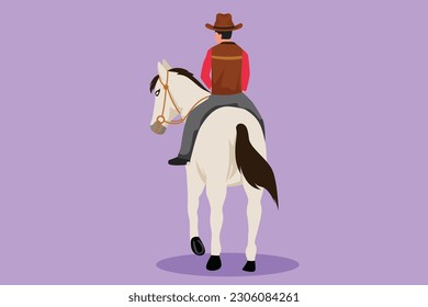 Character flat drawing back view of cowboy riding horses in desert on wooden sign. Cute mustang and person outdoor at sunset. Stylized cowboy and horse icon or logo. Cartoon design vector illustration