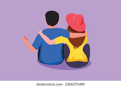 Character flat drawing back view of romantic couple in love sitting and hugging at city park. Happy couple getting ready for wedding. Engagement and love relation. Cartoon design vector illustration