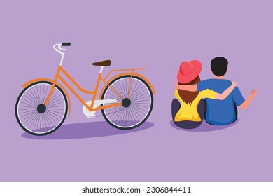 Character flat drawing back view romantic teenage couple sitting at outdoors city park and bicycle next to them  Young man   woman in love  Happy married couple  Cartoon design vector illustration