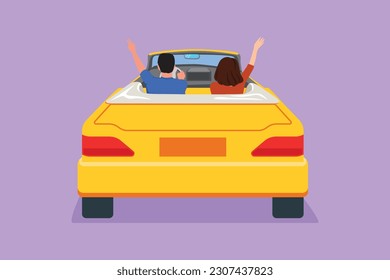 Character flat drawing back view of happy free couple driving cabriolet car in night city cheering joyful with arms raised. Romantic couple summer vacation travel. Cartoon design vector illustration