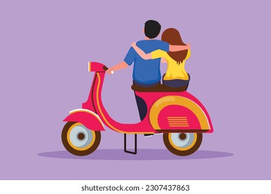 Character flat drawing back view riders couple trip travel relax  Romantic couple honeymoon moments and hugging  Cute man and woman riding scooter motorcycle  Cartoon design vector illustration