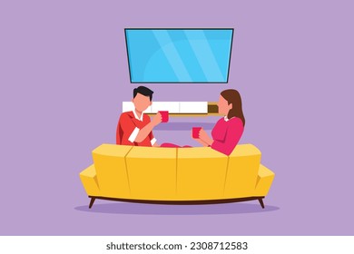 Character flat drawing back view romantic couple sitting at sofa  talking   drinking coffee together  Happy man   woman have relaxing day off  Stay at home  Cartoon design vector illustration