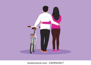 Character flat drawing back view of Arab couple with bicycle walking in park on sunny autumn day. Lovely man and pretty woman in love. Happy romantic married couple. Cartoon design vector illustration