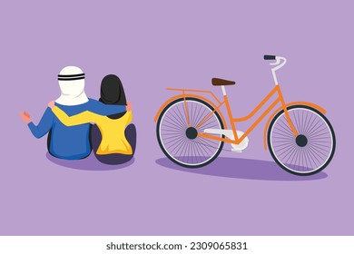 Character flat drawing back view romantic teenage couple sitting at outdoors city park and bicycle next to them  Arab man   woman in love  Happy married couple  Cartoon design vector illustration
